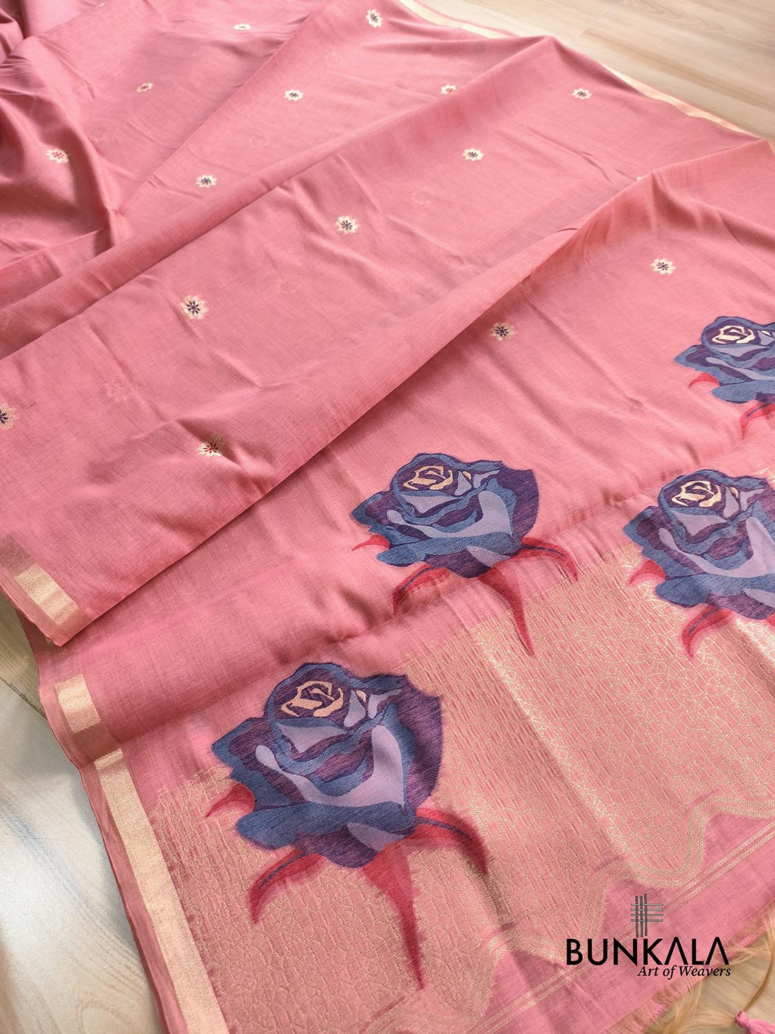 Peach Pink Rose Pallu Weaved Banarasi Cotton Saree