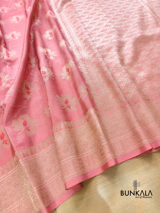 Peach Pink Shed Minakari Floral Buta Banarasi Tissue Silk Saree