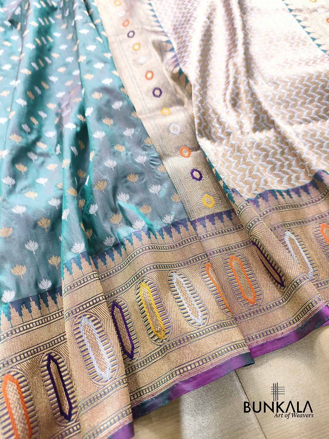 Peacock Blue Lotus Buti Handloom Banarasi Pure Katan Silk Saree