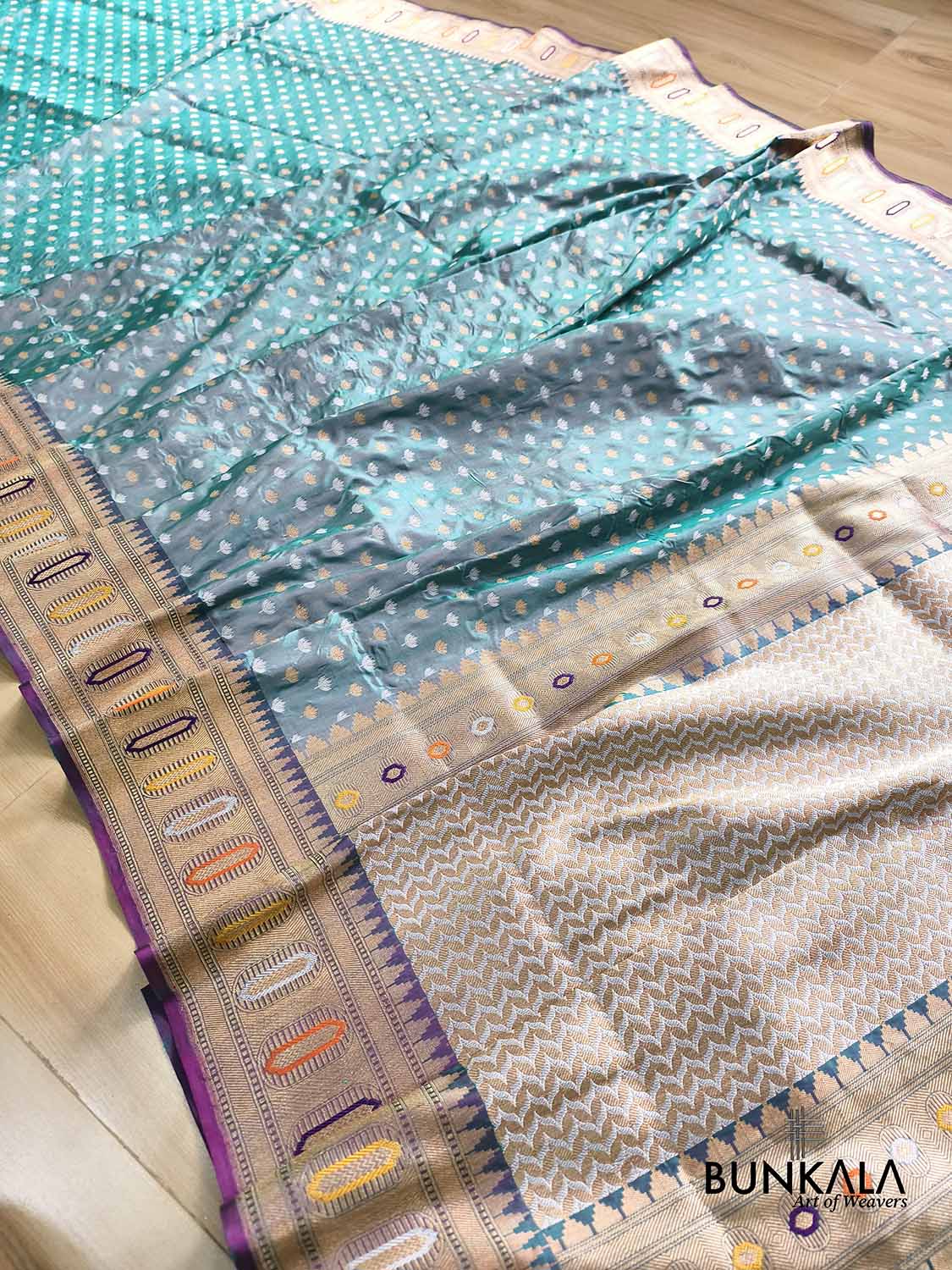 Peacock Blue Lotus Buti Handloom Banarasi Pure Katan Silk Saree
