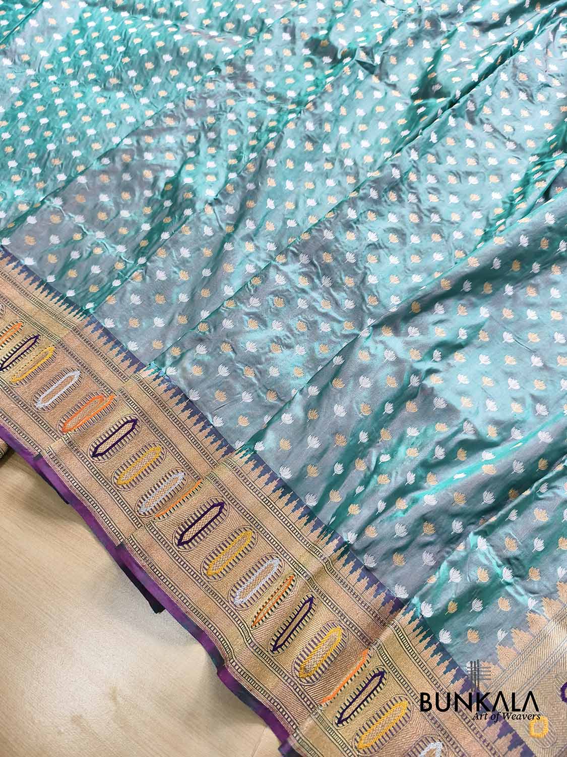 Peacock Blue Lotus Buti Handloom Banarasi Pure Katan Silk Saree