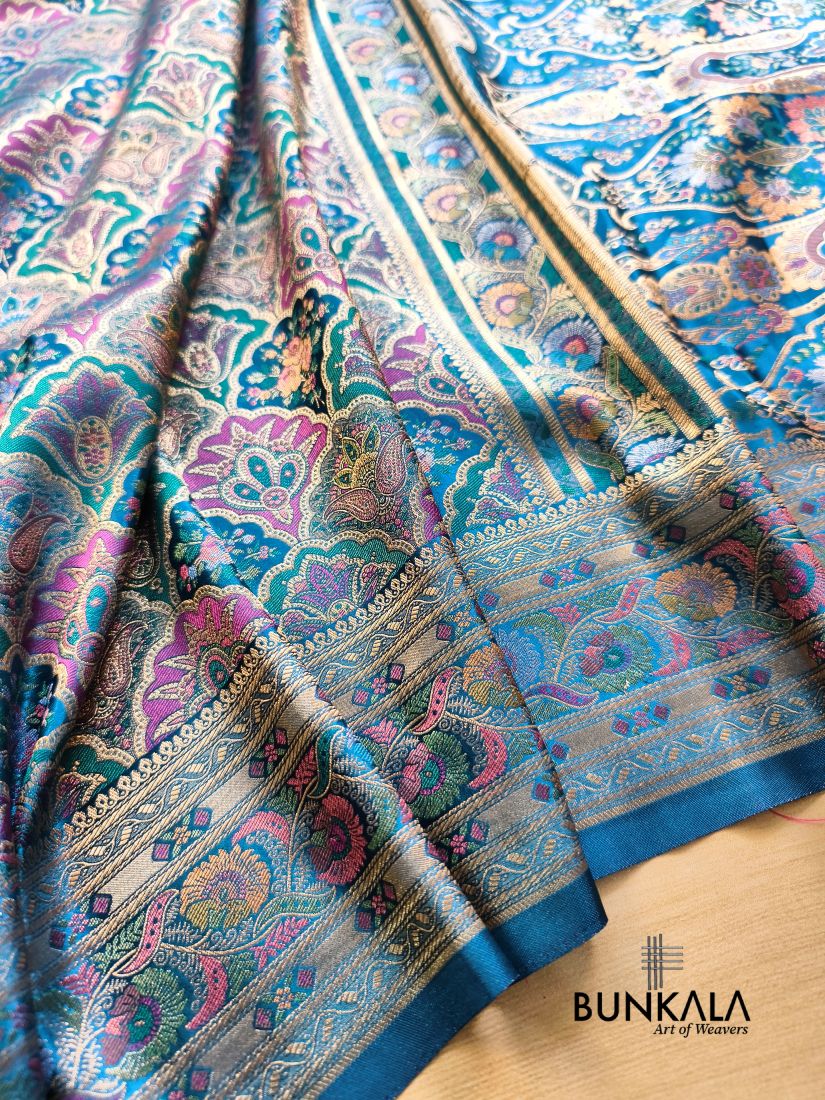 Peacock Blue Rangkat Jamewar Mughal Pattern Weaved Banarasi Mashru Silk Saree