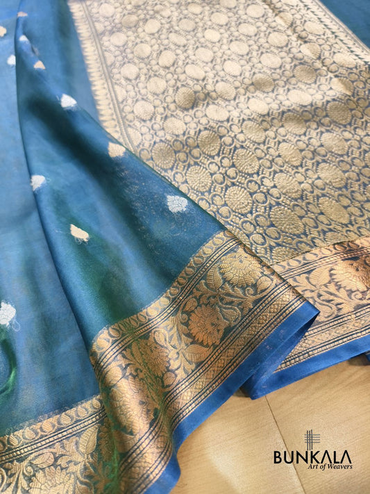 Peacock Blue Sona Rupa Buti Handloom Banarasi Pure Tissue Silk Saree