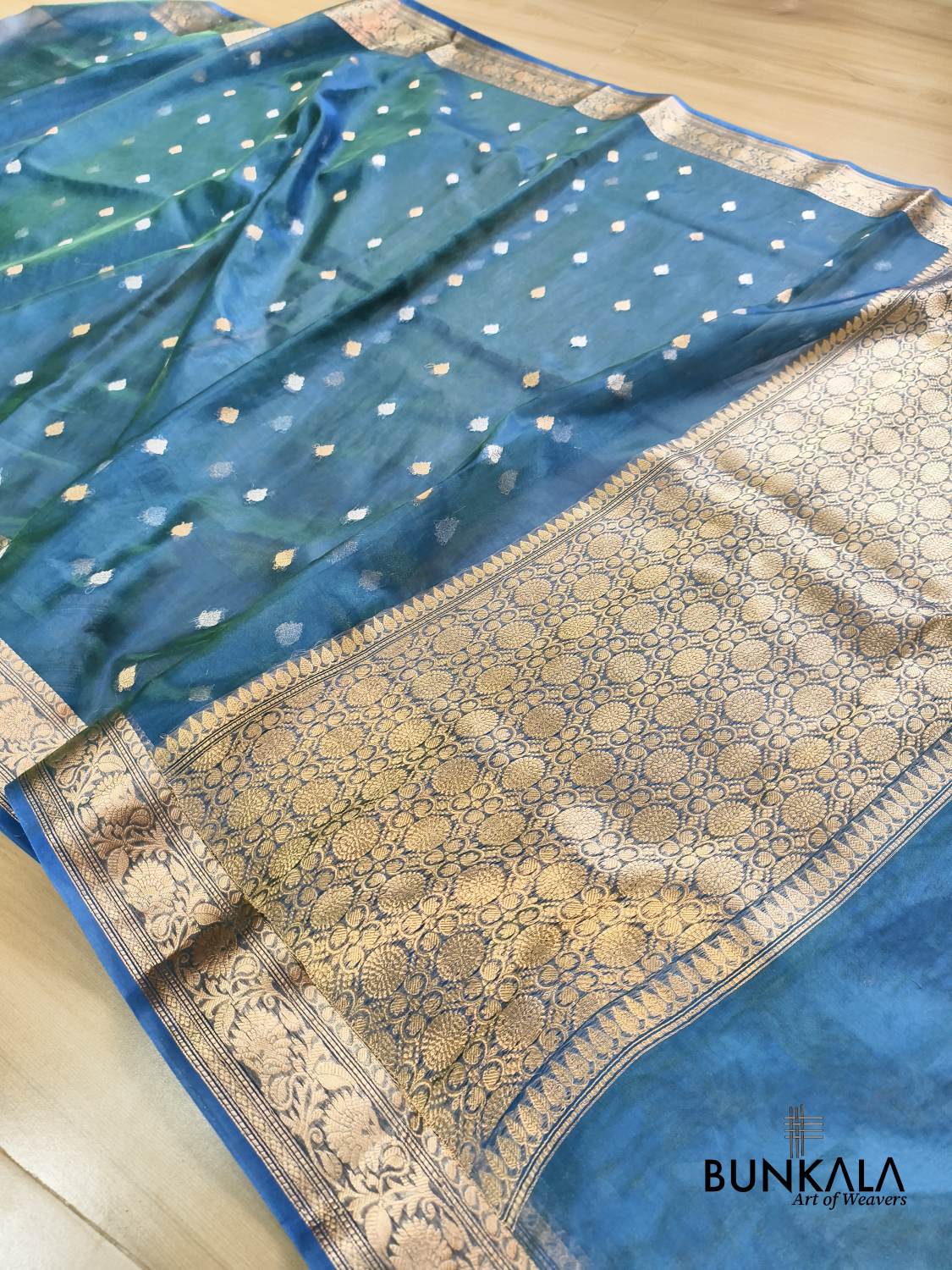 Peacock Blue Sona Rupa Buti Handloom Banarasi Pure Tissue Silk Saree