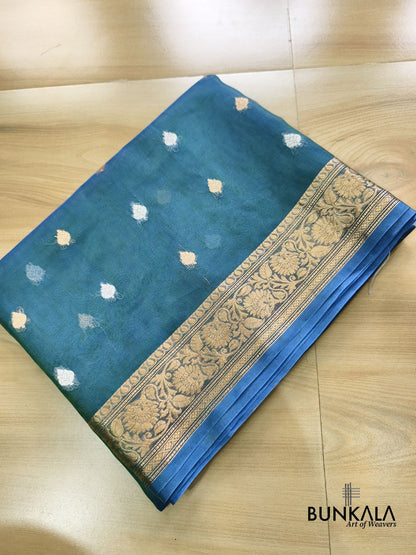 Peacock Blue Sona Rupa Buti Handloom Banarasi Pure Tissue Silk Saree