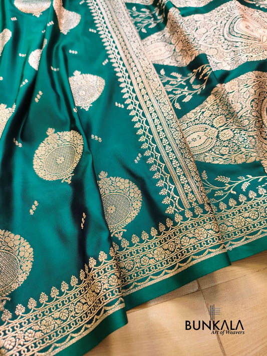 Peacock Green Buta Banarasi Mashru Soft Silk Saree with Paisley Pallu