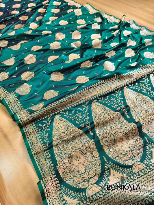 Peacock Green Buta Banarasi Mashru Soft Silk Saree with Paisley Pallu