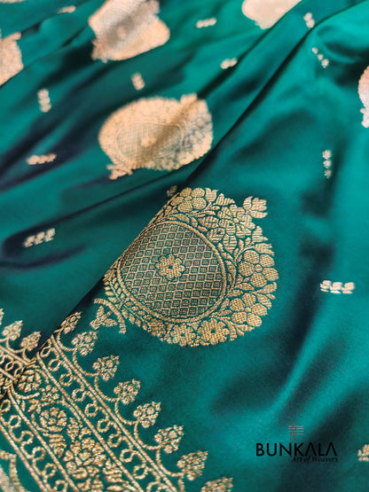 Peacock Green Buta Banarasi Mashru Soft Silk Saree with Paisley Pallu