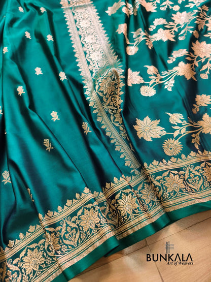 Peacock Green Buti Banarasi Mashru Soft Silk Saree with Jaal Floral Pallu