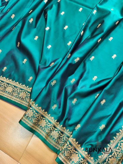 Peacock Green Buti Banarasi Mashru Soft Silk Saree with Jaal Floral Pallu