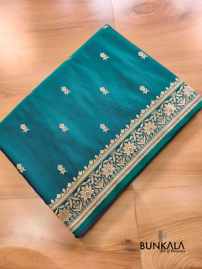 Peacock Green Buti Banarasi Mashru Soft Silk Saree with Jaal Floral Pallu