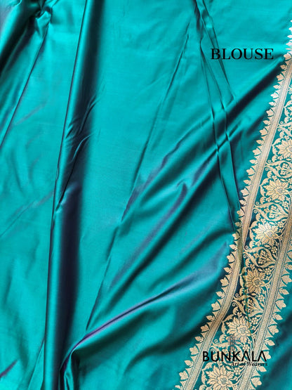 Peacock Green Buti Banarasi Mashru Soft Silk Saree with Jaal Floral Pallu