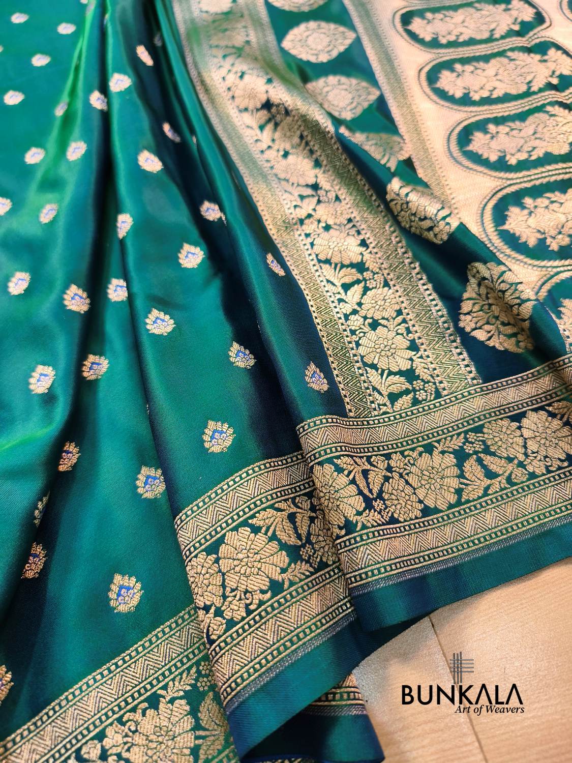 Peacock Green Meena Buti Banarasi Mashru Silk Saree
