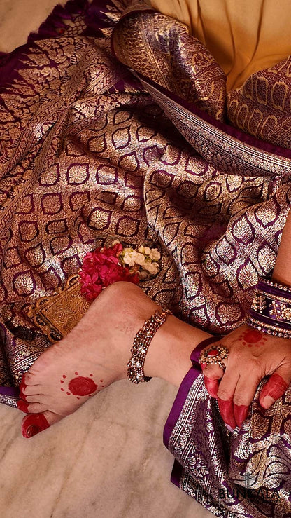 Deep Purple Mashru Silk Brocade Weaved Banarasi Saree