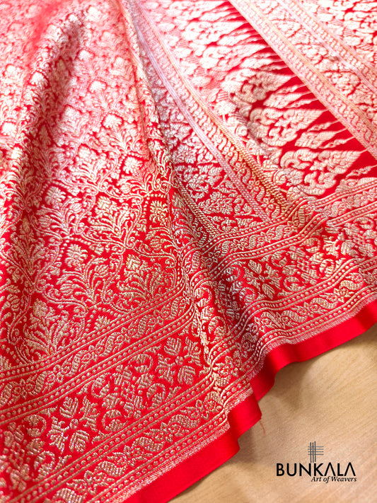Bridal Red Traditional Floral Jaal Allover Sona Zari Brocade Weaved Banarasi Mashru Silk Saree
