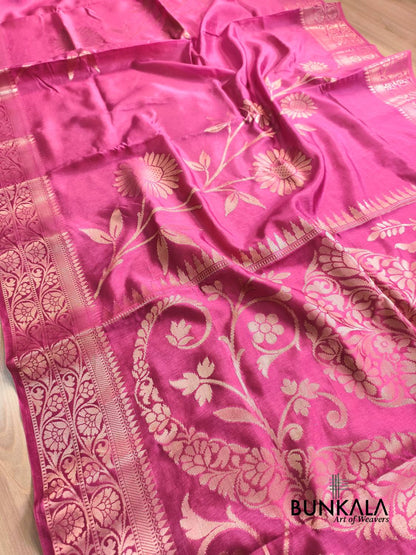 Pink Floral Pure Banarasi Mango Silk Saree 