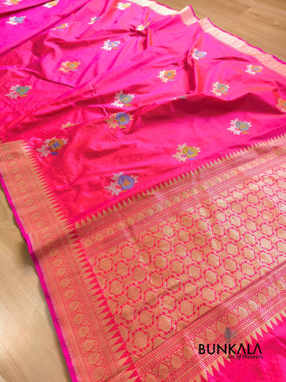 Pink Meenakari Rose Buta Kadwa Handloom Banarasi Pure Katan Silk Saree