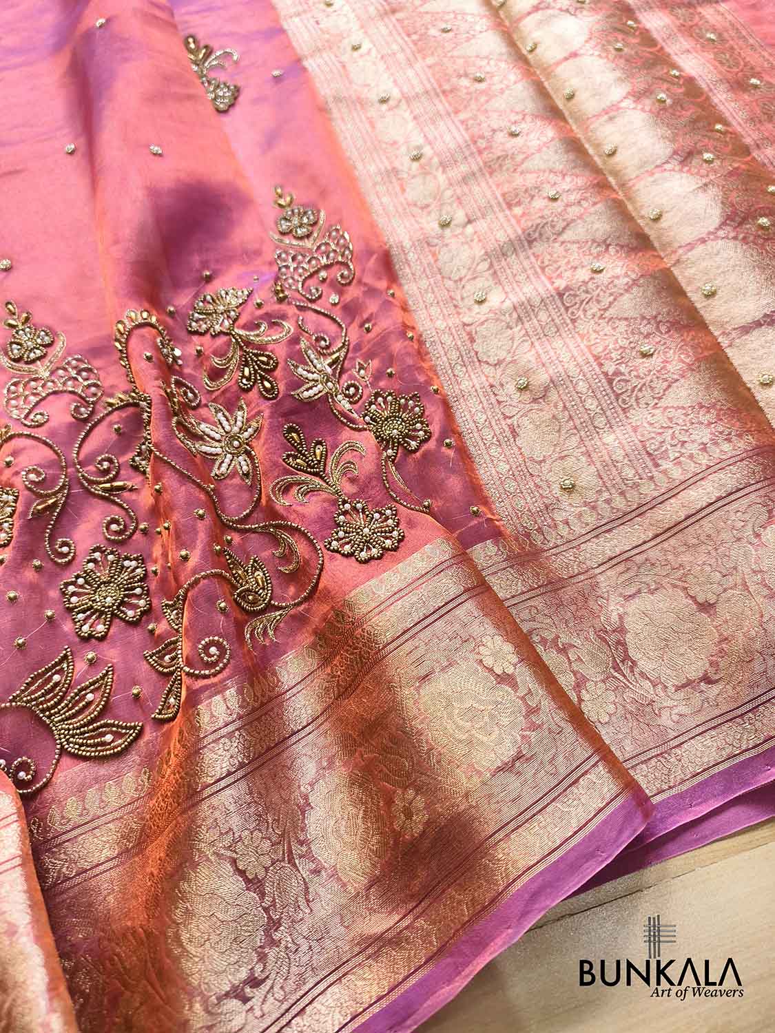 Pink Pure Tissue Hand Embroidered Work Banarasi Saree
