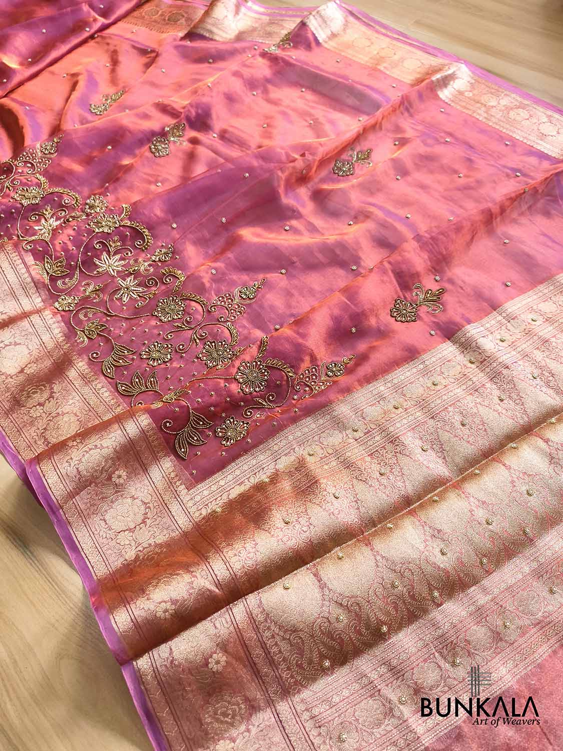 Pink Pure Tissue Hand Embroidered Work Banarasi Saree