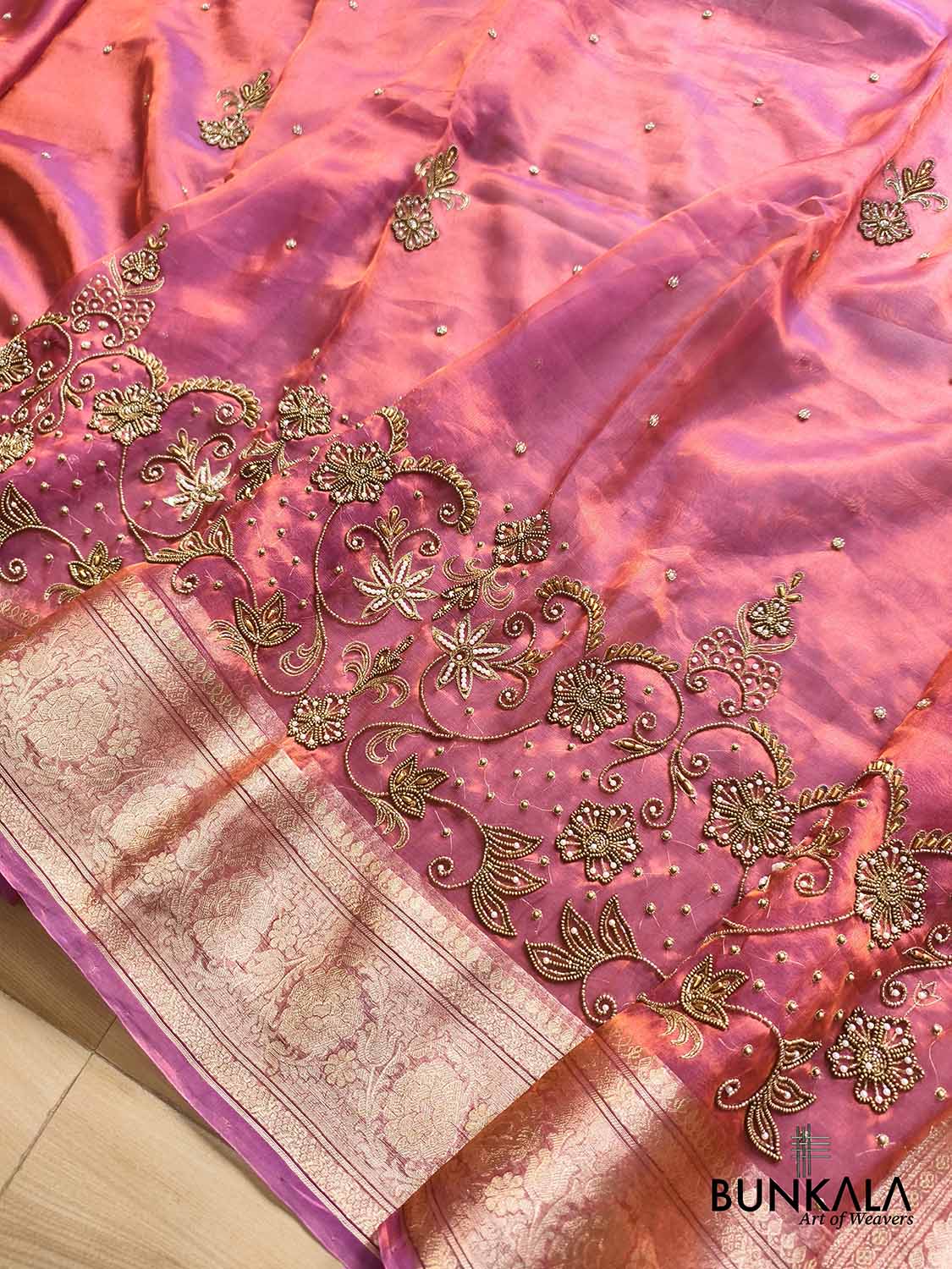 Pink Pure Tissue Hand Embroidered Work Banarasi Saree