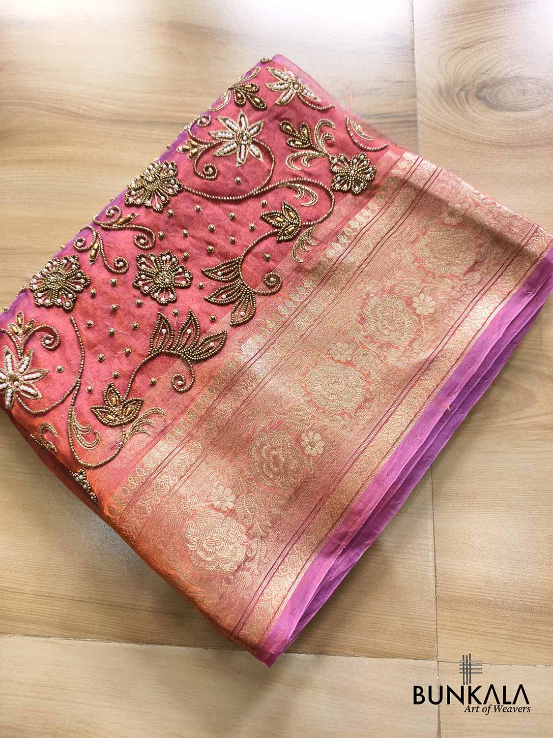 Pink Pure Tissue Hand Embroidered Work Banarasi Saree