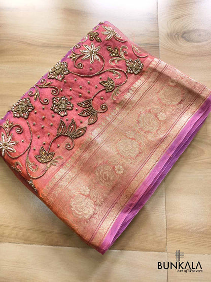 Pink Pure Tissue Hand Embroidered Work Banarasi Saree
