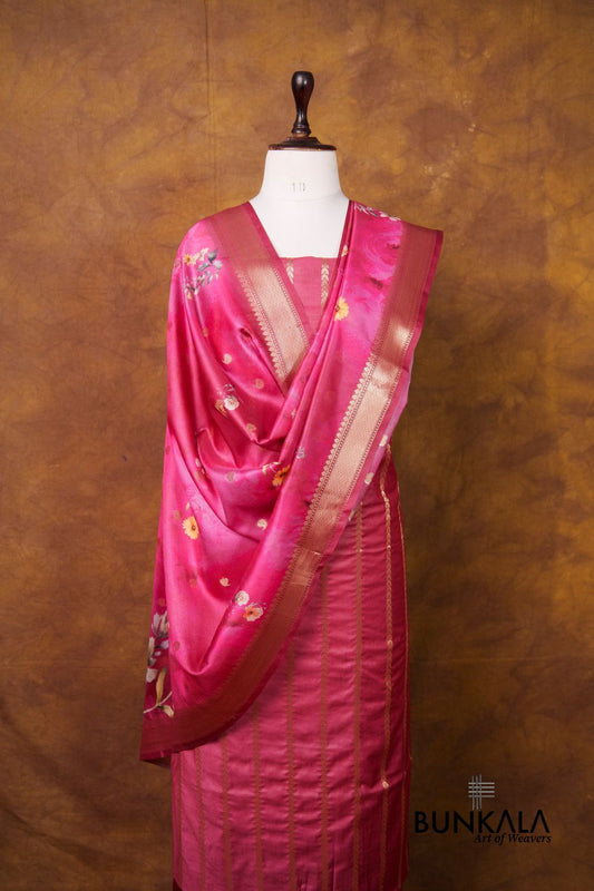 Pink Stripe Banarasi Pure Cotton Silk Unstitched Suit Set 