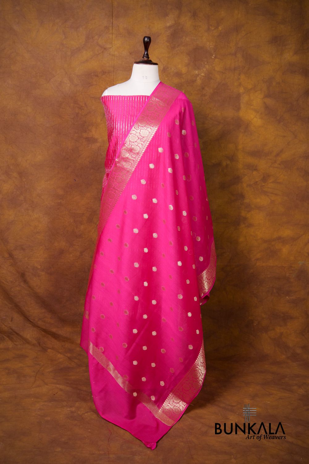 Pink stripe Banarasi Pure Cotton Silk Unstitched Suit Set