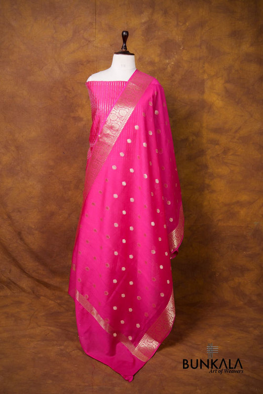 Pink stripe Banarasi Pure Cotton Silk Unstitched Suit Set