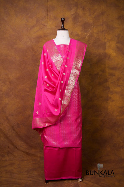 Pink stripe Banarasi Pure Cotton Silk Unstitched Suit Set