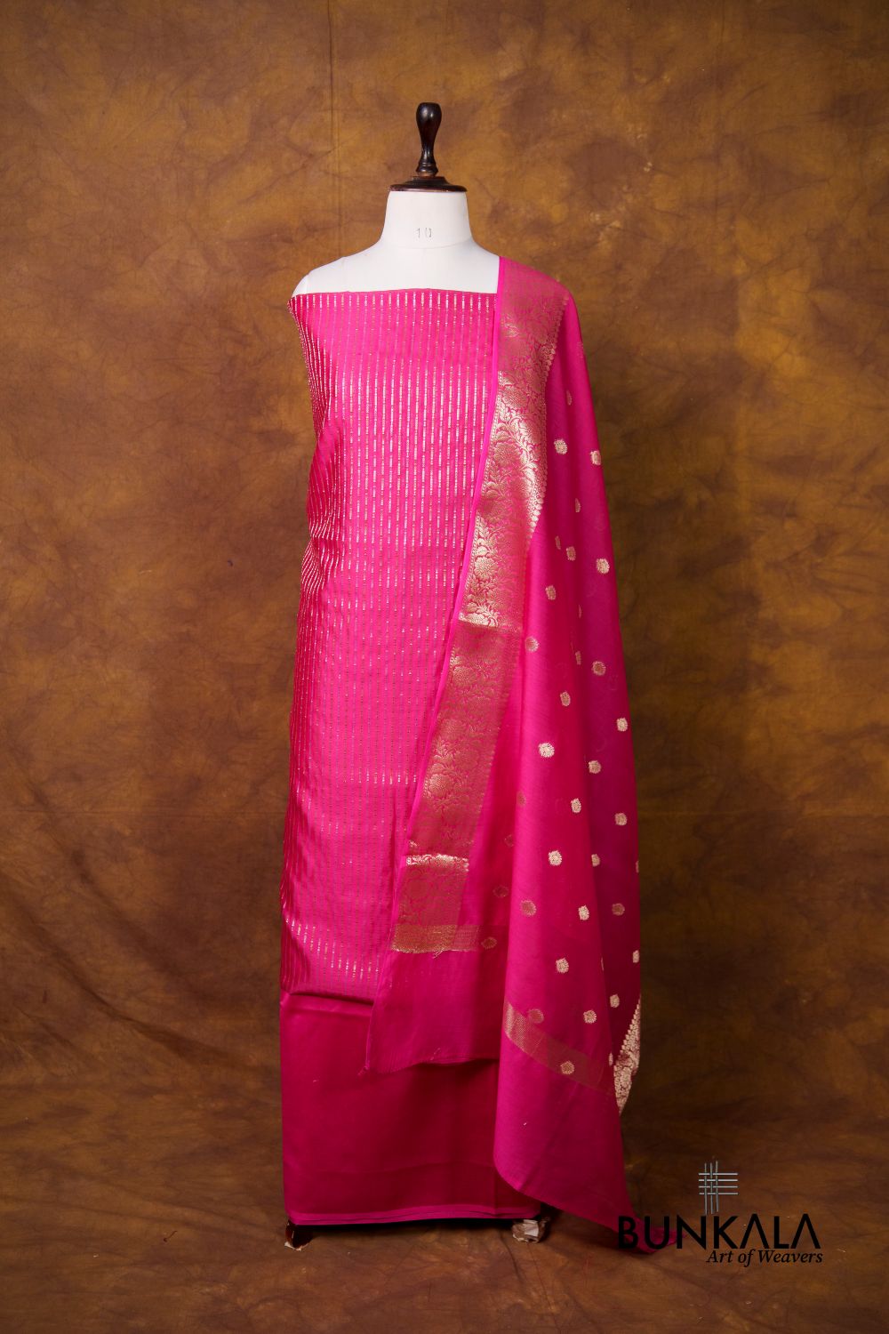 Pink stripe Banarasi Pure Cotton Silk Unstitched Suit Set