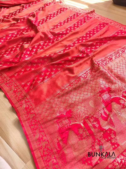 Pinkish Red Peacock Border Handwoven Banarasi Mashru Silk Saree
