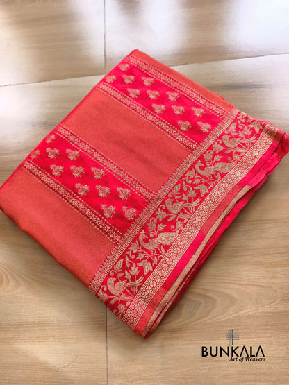 Pinkish Red Peacock Border Handwoven Banarasi Mashru Silk Saree