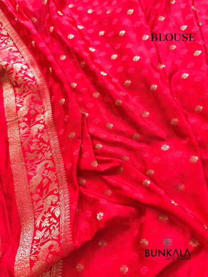 Pinkish Red Peacock Border Handwoven Banarasi Mashru Silk Saree