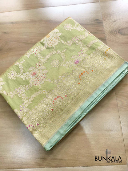 Pista Green Vintage Motif Kadwa Jangla Handweaved Banarasi Pure Katan Silk Saree