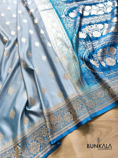 Powder Blue Buti with Contrast Border Pallu Weaved Banarasi Mashru Silk Saree