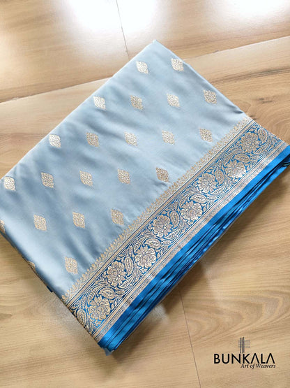 Powder Blue Buti with Contrast Border Pallu Weaved Banarasi Mashru Silk Saree