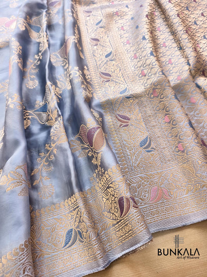 Powder Blue Heritage Jaal Banarasi Mashru Silk Saree