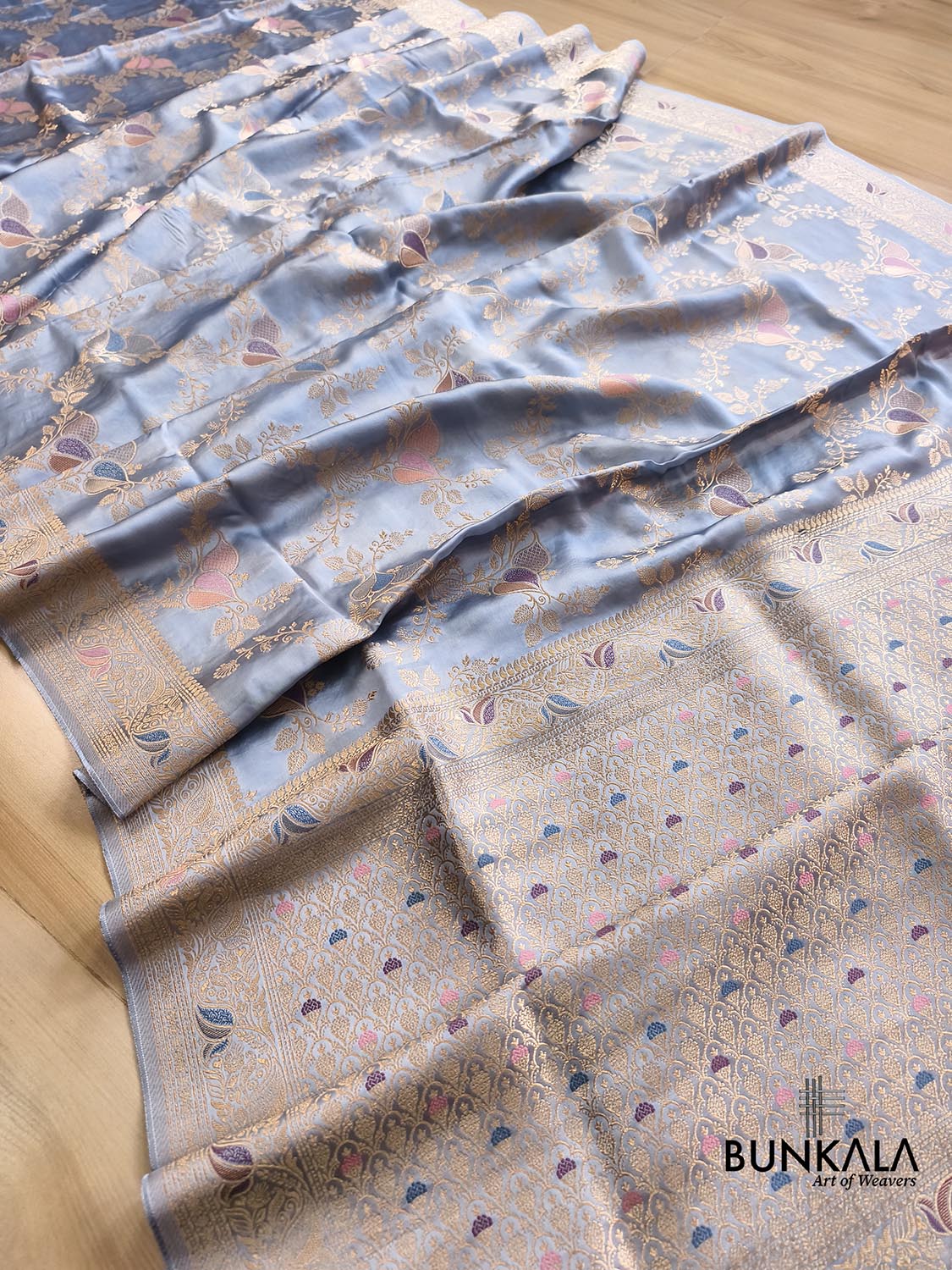 Powder Blue Heritage Jaal Banarasi Mashru Silk Saree