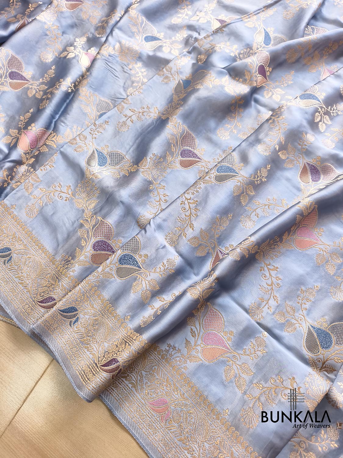 Powder Blue Heritage Jaal Banarasi Mashru Silk Saree
