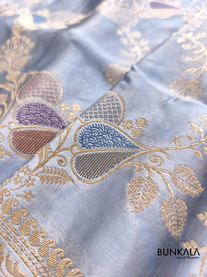 Powder Blue Heritage Jaal Banarasi Mashru Silk Saree