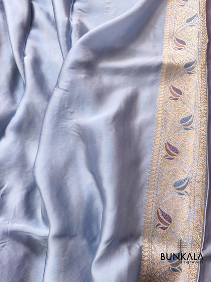 Powder Blue Heritage Jaal Banarasi Mashru Silk Saree