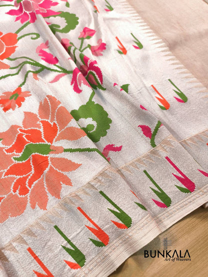 Pure Tusser Georgette Meenakari Floral Work Handloom Banarasi Saree 