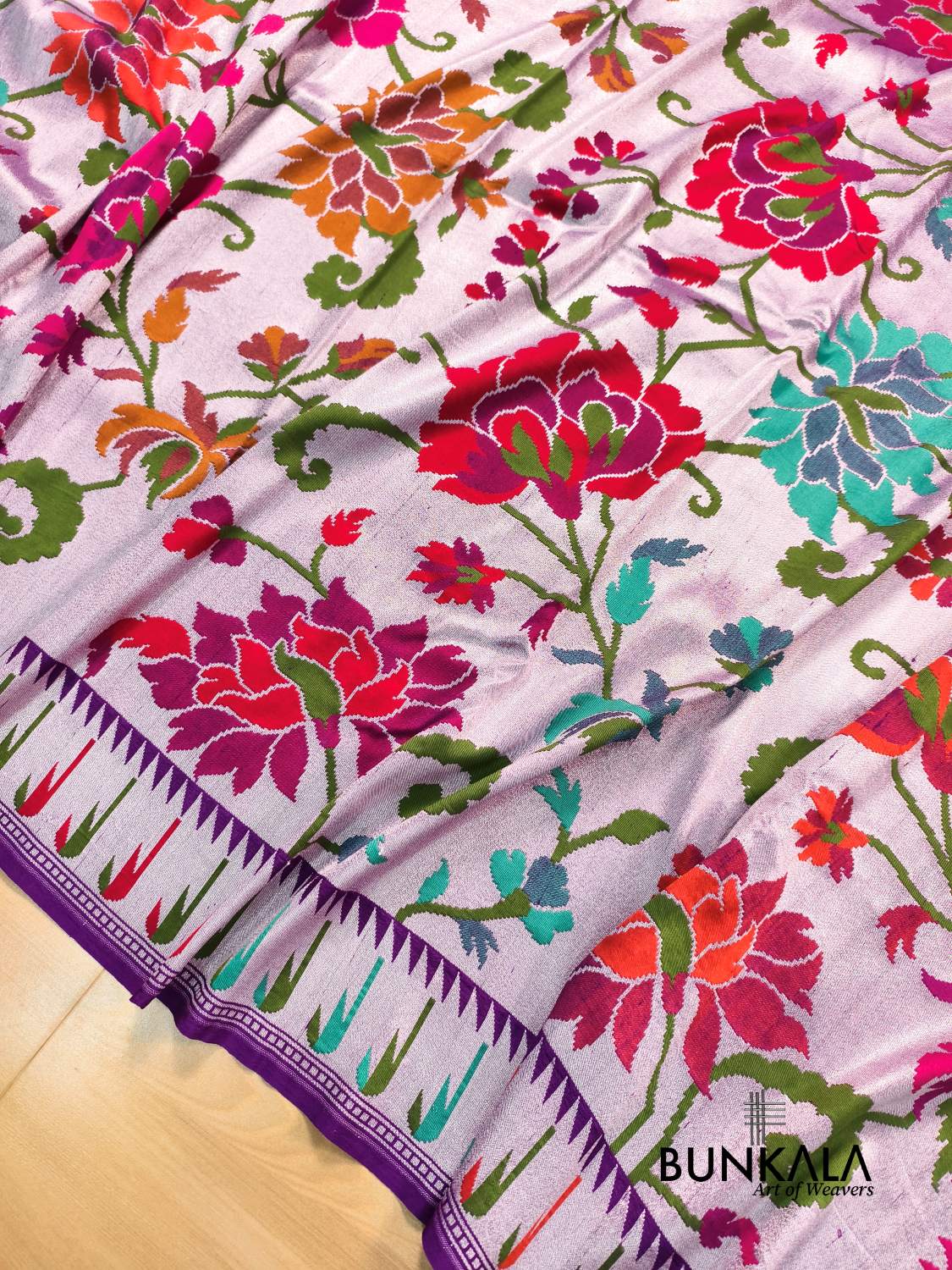 Purple Pure Tusser Georgette Meenakari Floral Work Handloom Banarasi Saree 