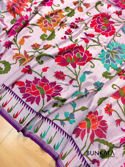 Purple Pure Tusser Georgette Meenakari Floral Work Handloom Banarasi Saree 