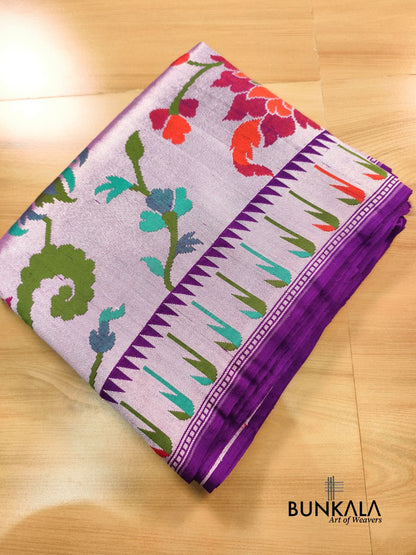 Purple Pure Tusser Georgette Meenakari Floral Work Handloom Banarasi Saree 