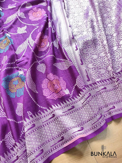 Purple Silver Zari Floral Meenakari Handloom Banarasi Pure Tussar Silk Saree