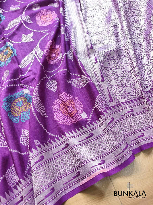 Purple Silver Zari Floral Meenakari Handloom Banarasi Pure Tussar Silk Saree