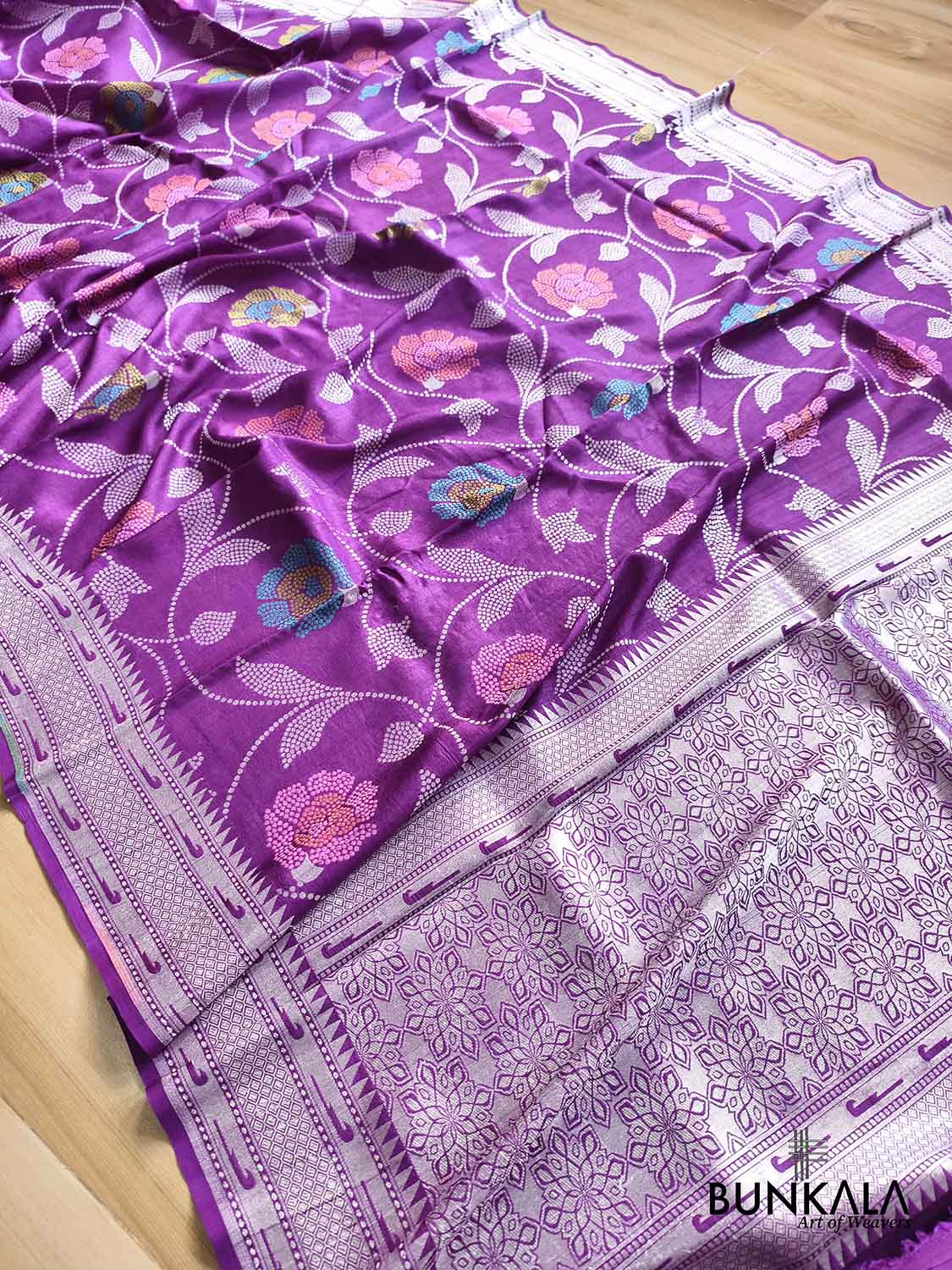 Purple Silver Zari Floral Meenakari Handloom Banarasi Pure Tussar Silk Saree