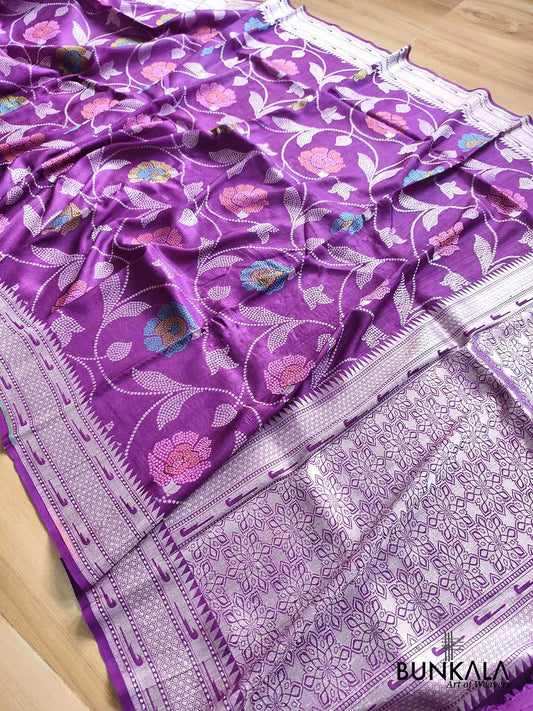Purple Silver Zari Floral Meenakari Handloom Banarasi Pure Tussar Silk Saree